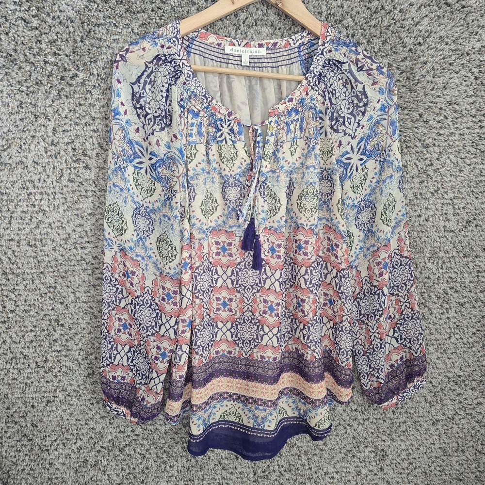 Daniel Rainn Top Womens Small Beige Peasant Blouse Neck Tie Tassel Casual Ladies